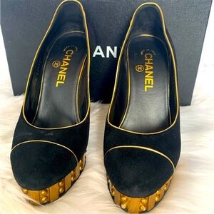 CHANEL Elegant Black Heels with Gold Accents